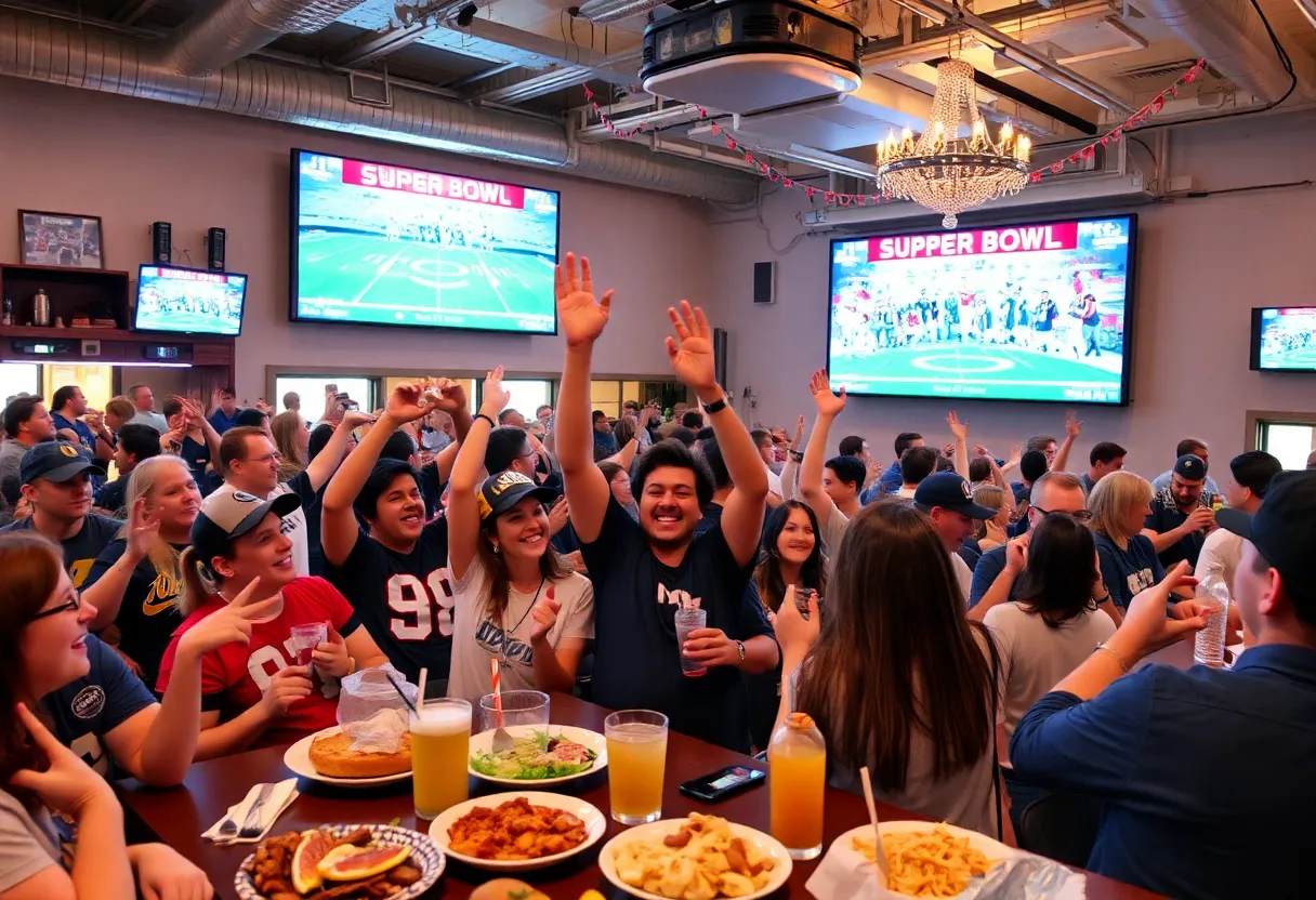 Fans celebrating at a Super Bowl LIX watch party in San Antonio