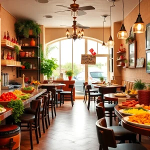 Interior of Taziki's Mediterranean Cafe with colorful decorations and food.