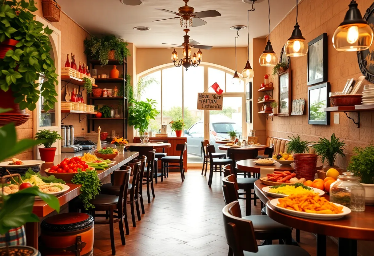 Interior of Taziki's Mediterranean Cafe with colorful decorations and food.