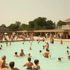 Historic photo of Terrell Wells swimming pool with families enjoying