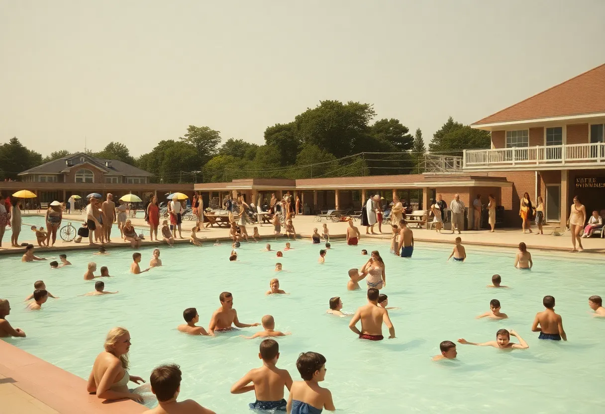 Historic photo of Terrell Wells swimming pool with families enjoying