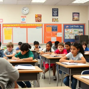 Diverse students in a Texas classroom engaged in educational activities.