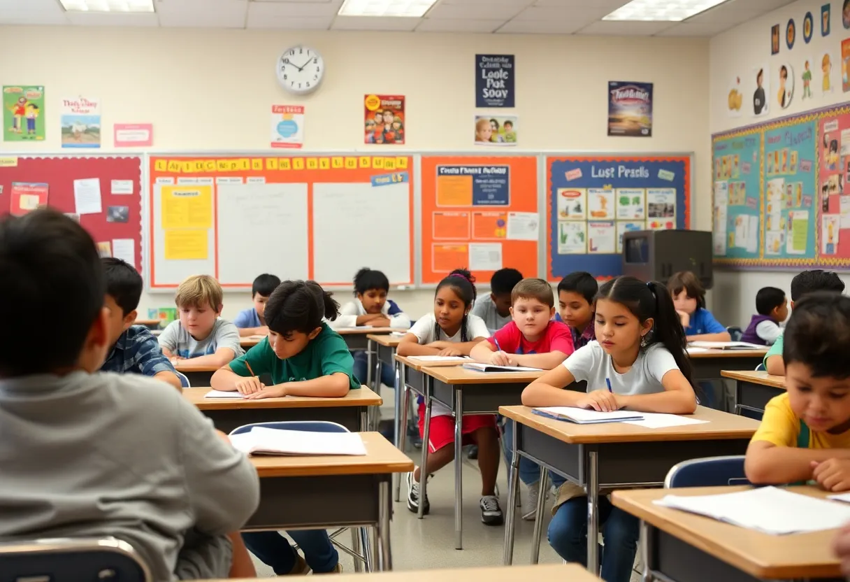 Diverse students in a Texas classroom engaged in educational activities.