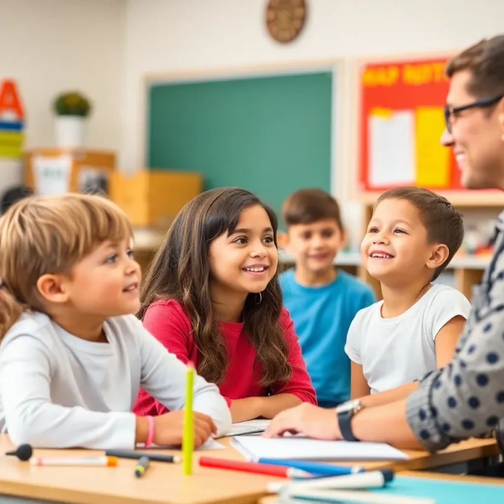 A teacher engaging with students in a classroom