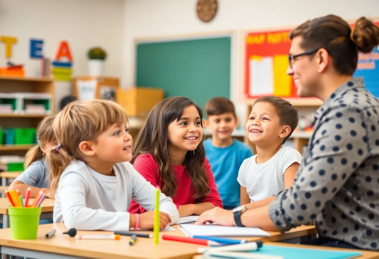 A teacher engaging with students in a classroom