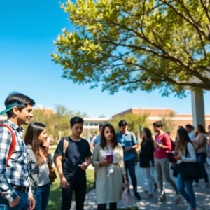 Students engaged in research collaboration on a Texas university campus.