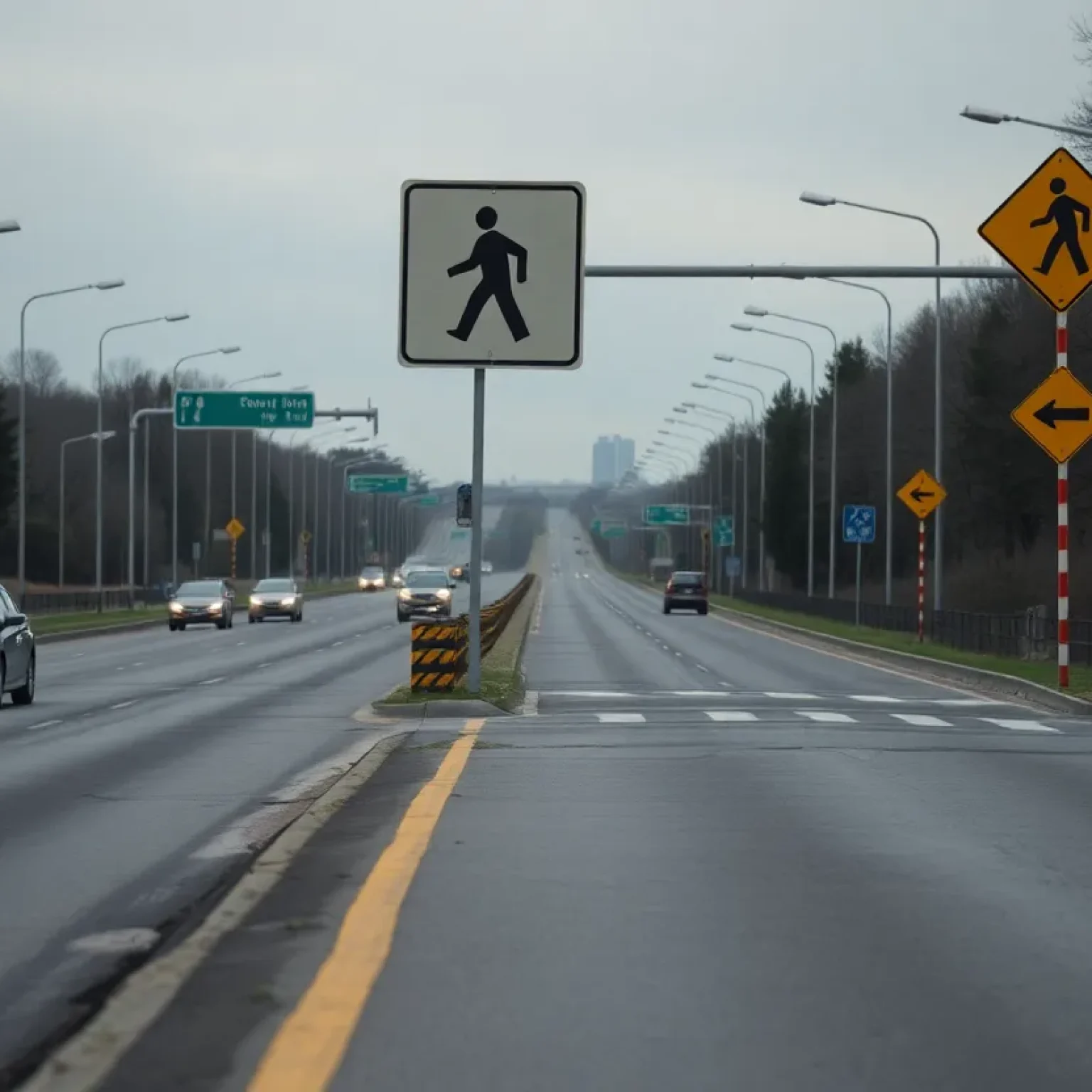 Empty highway with caution signs highlighting pedestrian safety