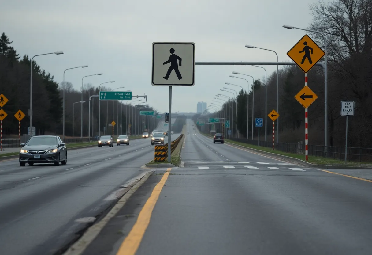 Empty highway with caution signs highlighting pedestrian safety