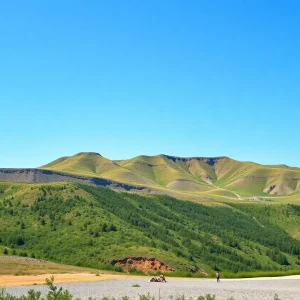 Landscape of Ukrainian mineral resources with hills under blue sky.