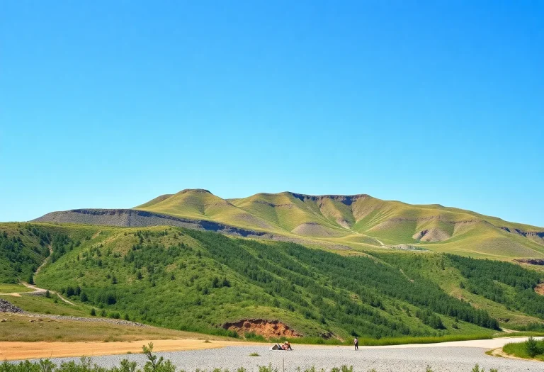 Landscape of Ukrainian mineral resources with hills under blue sky.