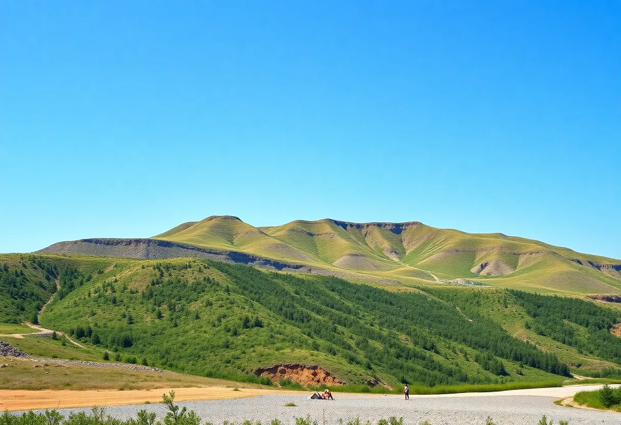 Landscape of Ukrainian mineral resources with hills under blue sky.