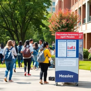 Students at the University of Texas at San Antonio engaging in campus activities with a health information booth in the background.