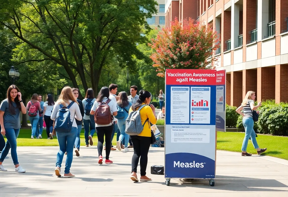 Students at the University of Texas at San Antonio engaging in campus activities with a health information booth in the background.