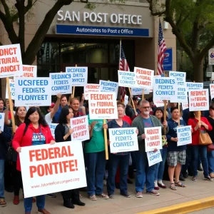 Federal employees rallying outside a post office in San Antonio for fair contracts.