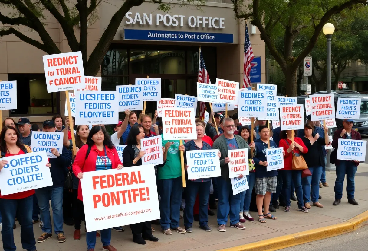 Federal employees rallying outside a post office in San Antonio for fair contracts.