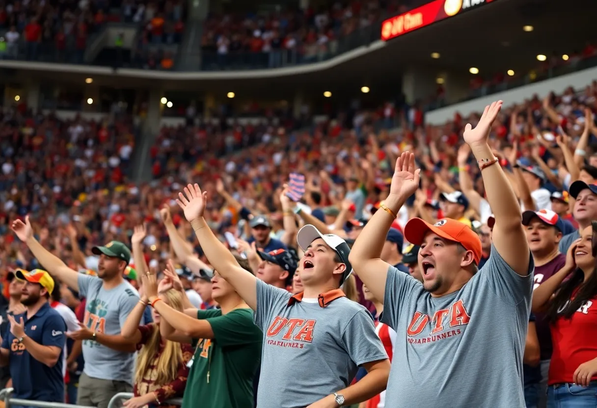 Enthusiastic UTSA football fans cheering during a game