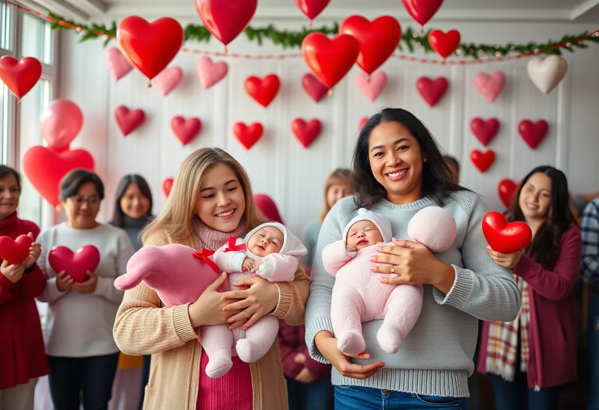 Couple celebrating Valentine's Day with baby items and decorations