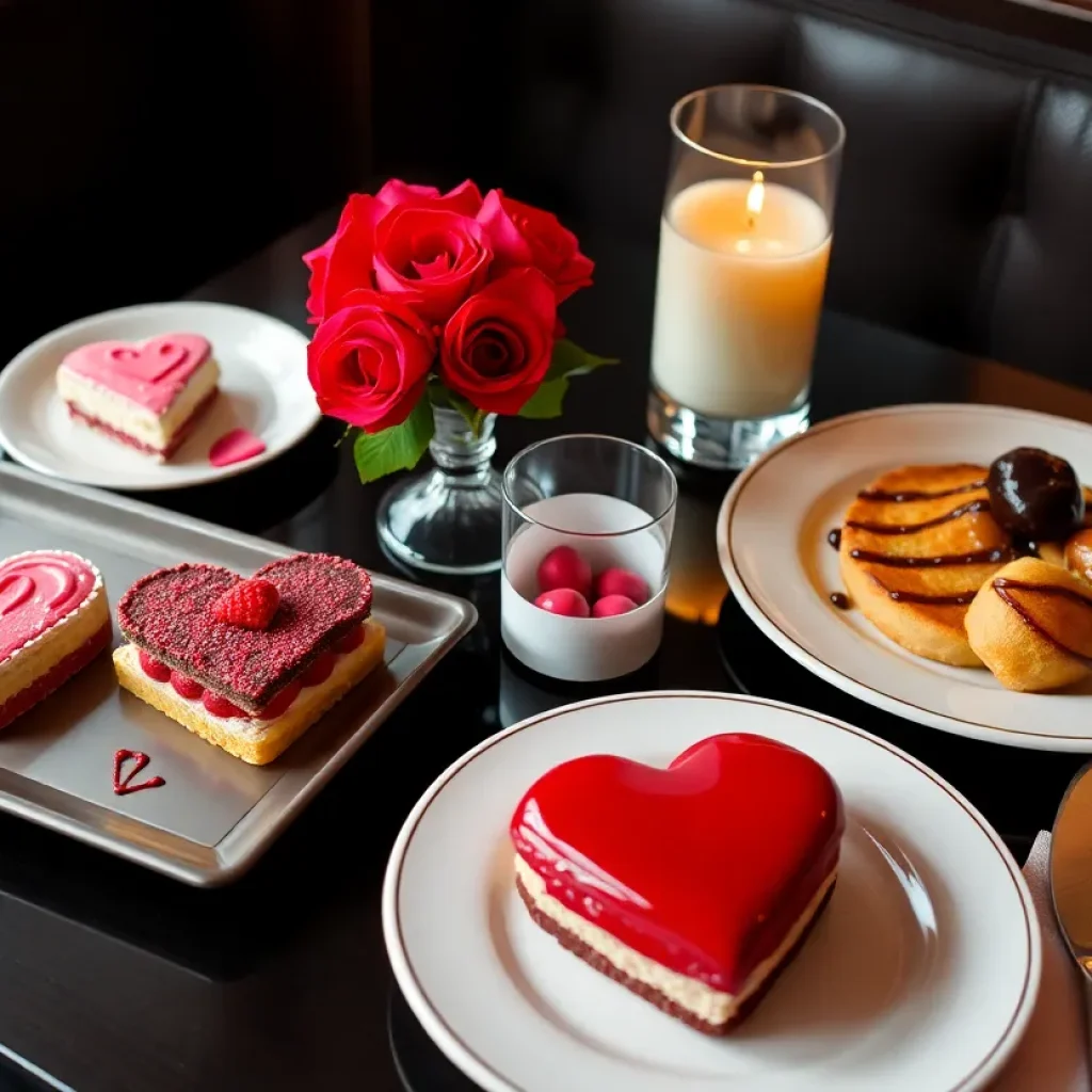 Romantic dinner setup featuring heart-shaped pastries for Valentine's Day in San Antonio.