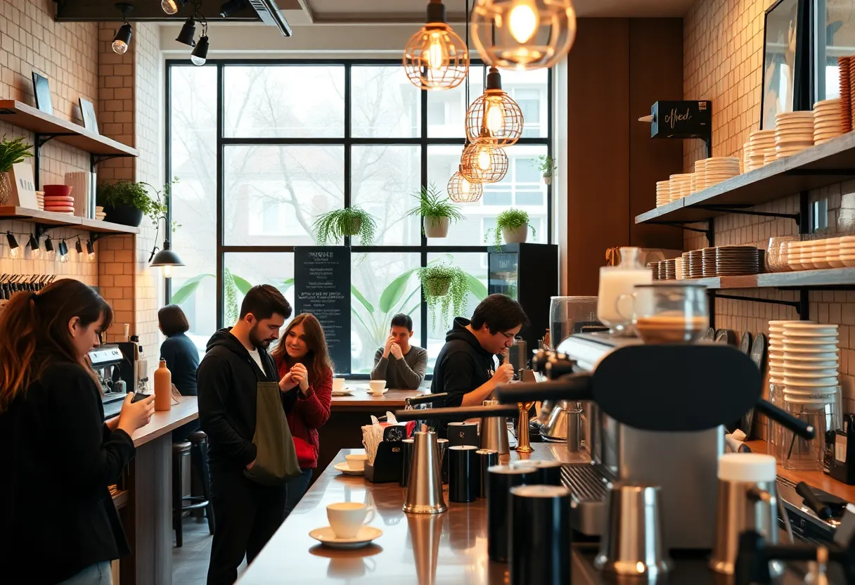 Interior of Vela Coffee with customers enjoying their drinks