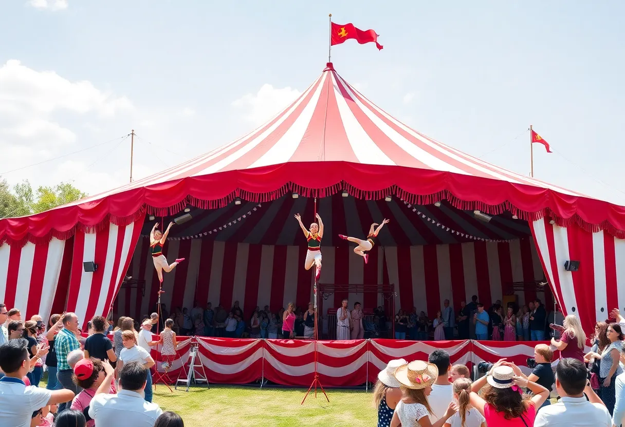 Family enjoying the Venardos Circus in San Antonio with a colorful tent in the background