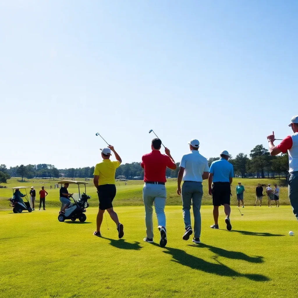 Golf players in action on a sunny course during the West Texas A&M men's golf tournament.