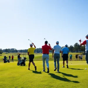 Golf players in action on a sunny course during the West Texas A&M men's golf tournament.