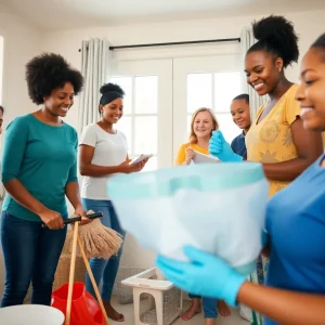 Group of women cleaning and organizing a home in San Antonio