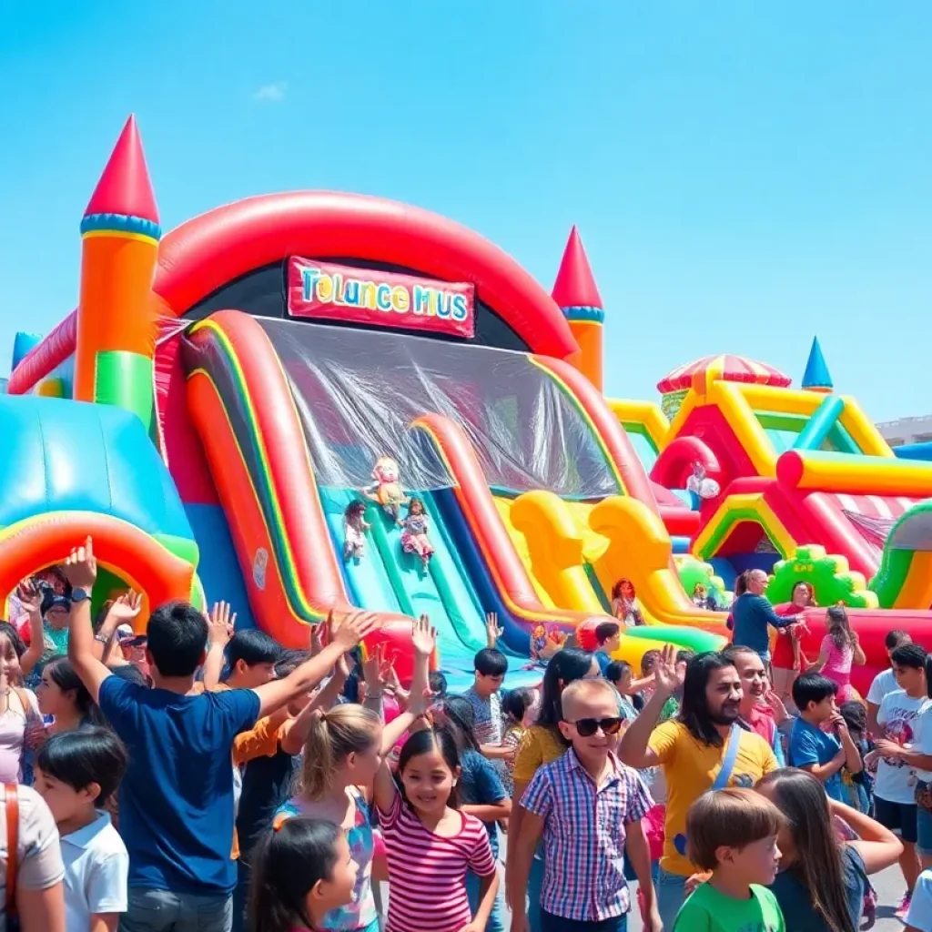 Families enjoying the world's largest bounce house at Big Bounce America in San Antonio