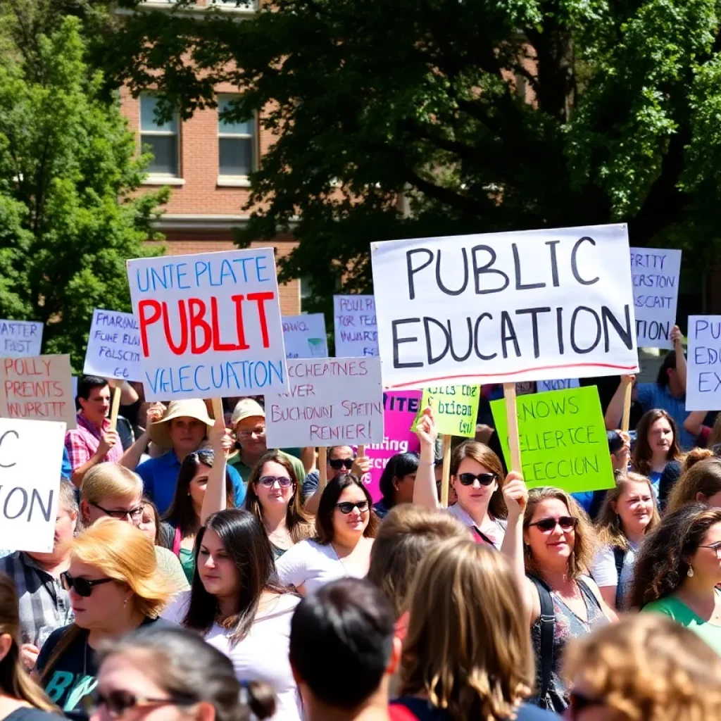 Educators rallying for public education outside a school