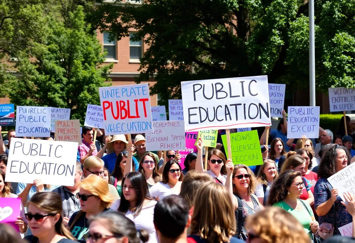 Educators rallying for public education outside a school