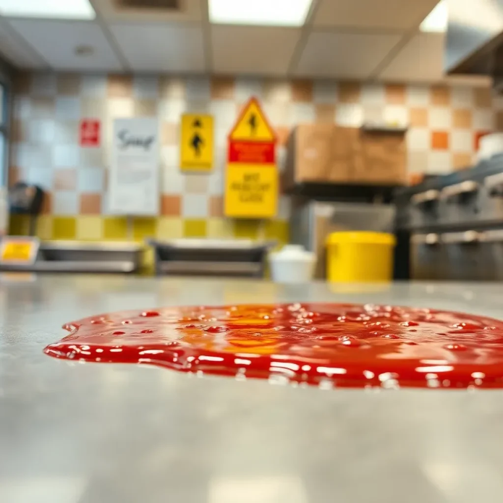 Spilled barbecue sauce in a restaurant setting