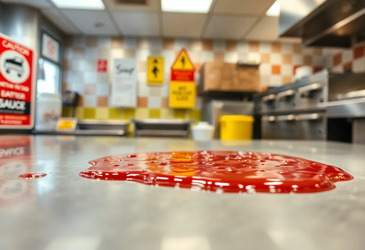 Spilled barbecue sauce in a restaurant setting