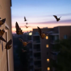 Bats flying out of the cracks of an apartment building in San Antonio