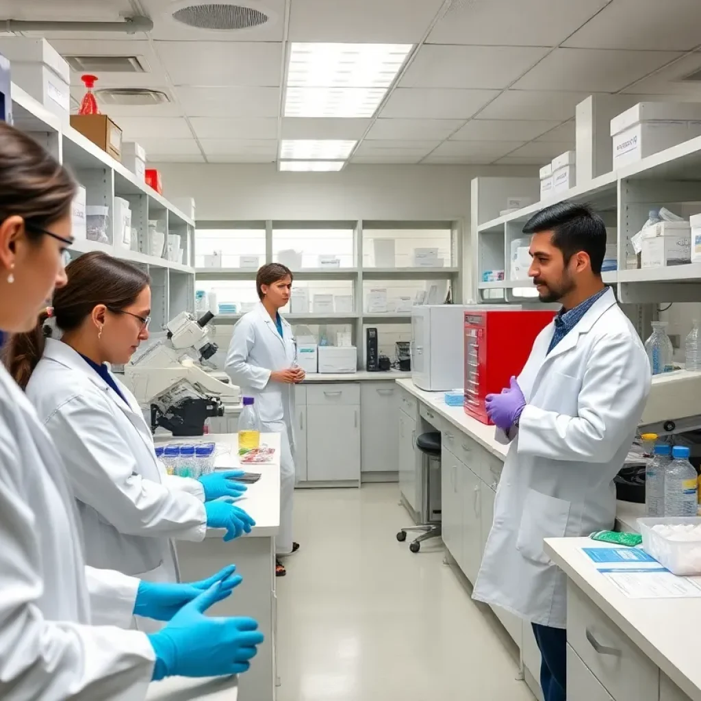 Scientists collaborating in a biomedical research laboratory