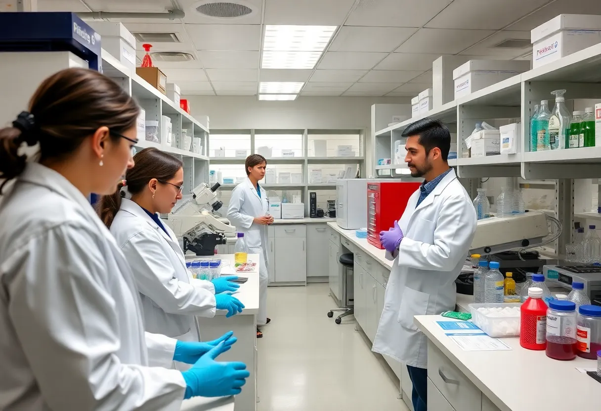 Scientists collaborating in a biomedical research laboratory