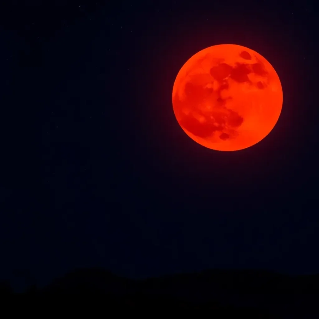 Beautiful total lunar eclipse featuring a blood moon over a silhouette of trees