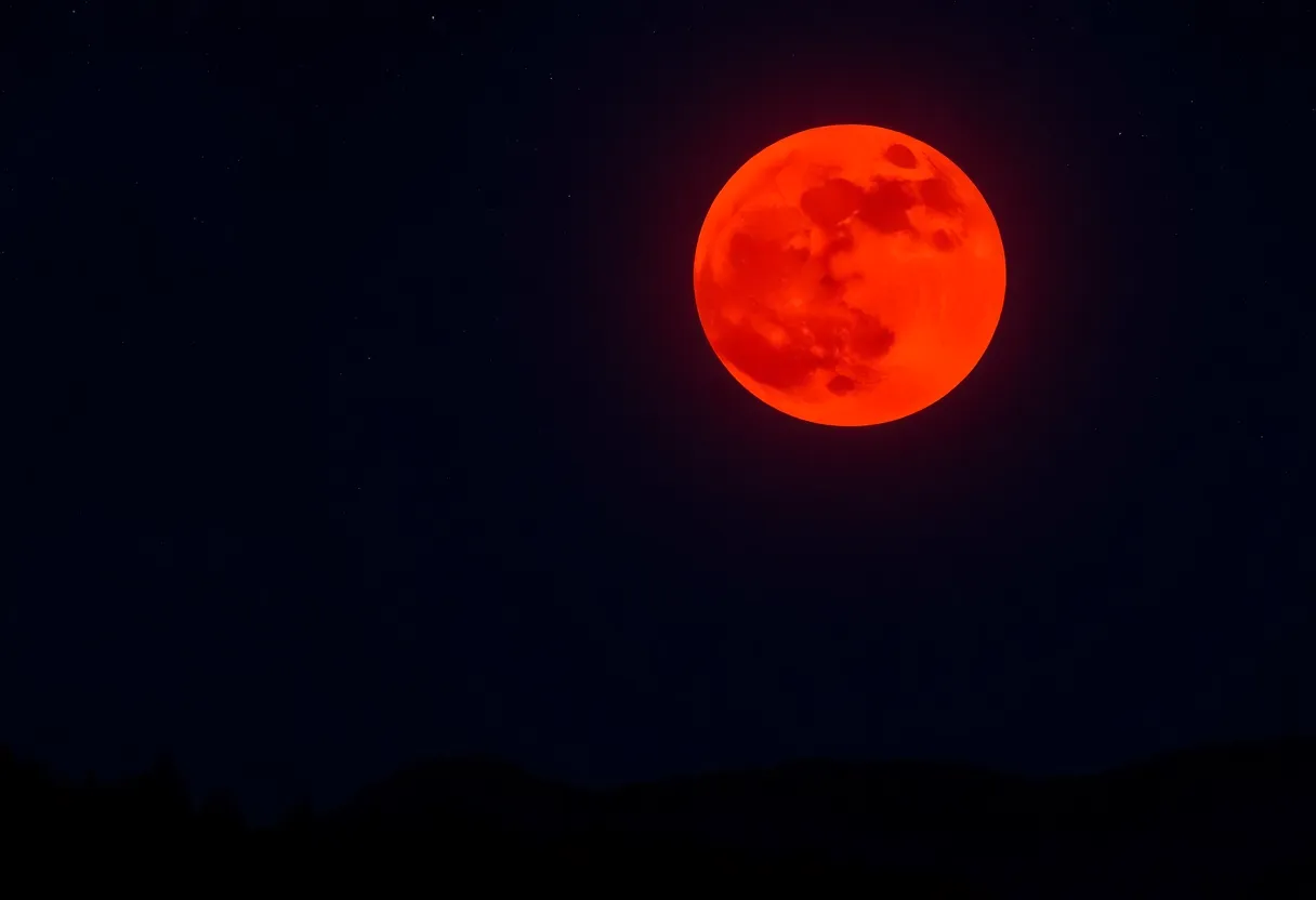 Beautiful total lunar eclipse featuring a blood moon over a silhouette of trees