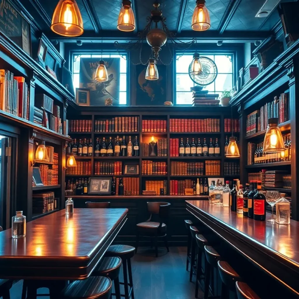 Interior view of Books: A Whiskey Society bar featuring vintage decor and whiskey bottles