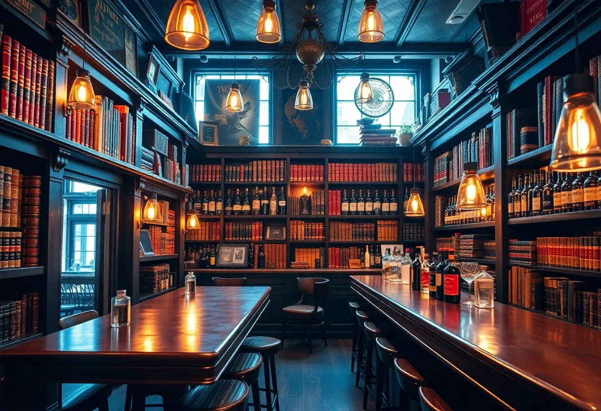 Interior view of Books: A Whiskey Society bar featuring vintage decor and whiskey bottles