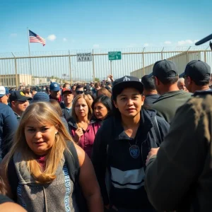 Travelers at a U.S. border crossing showing confusion and tension.