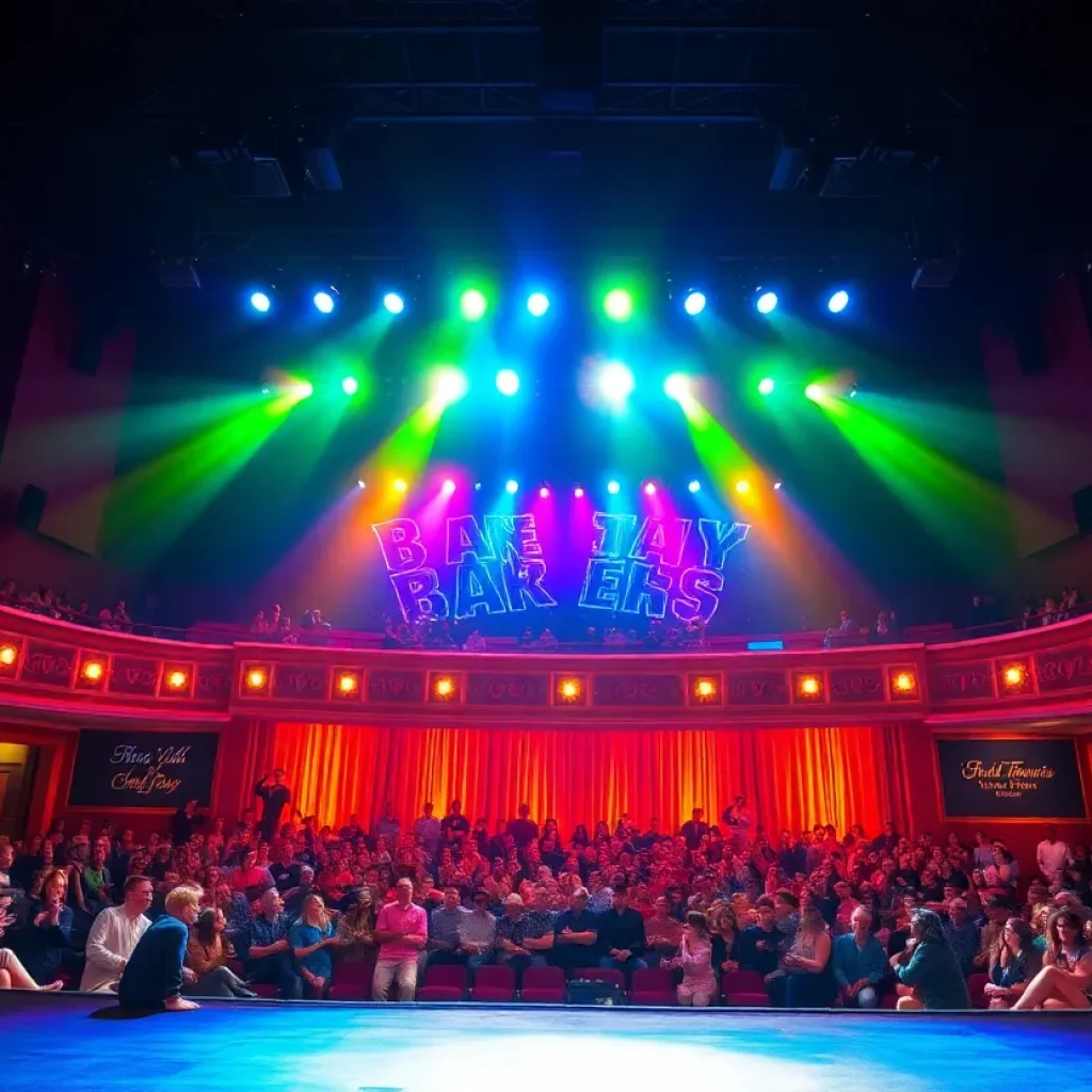 A theater stage filled with colorful lights, symbolizing the excitement of Broadway shows in San Antonio.