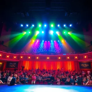 A theater stage filled with colorful lights, symbolizing the excitement of Broadway shows in San Antonio.