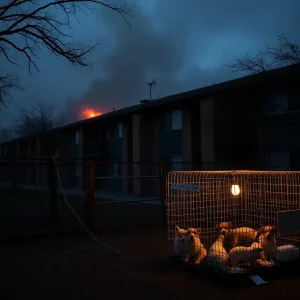 A burnt apartment complex in San Antonio with a nearby puppy rescue center.