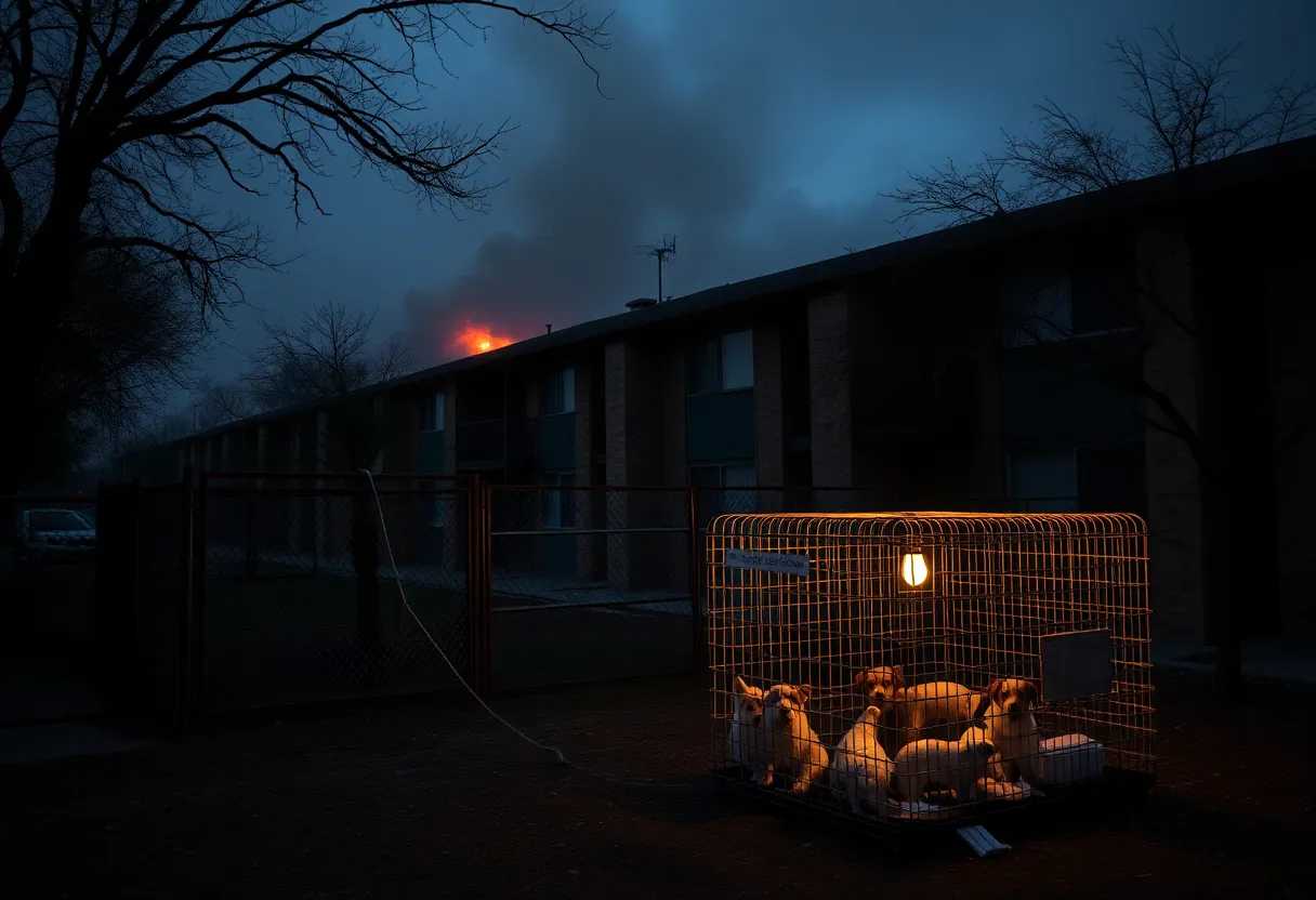 A burnt apartment complex in San Antonio with a nearby puppy rescue center.