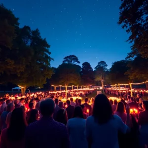 A community gathered at night, lighting candles for a vigil.