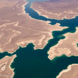 Aerial view of low water levels at Canyon Lake, highlighting drought impacts.