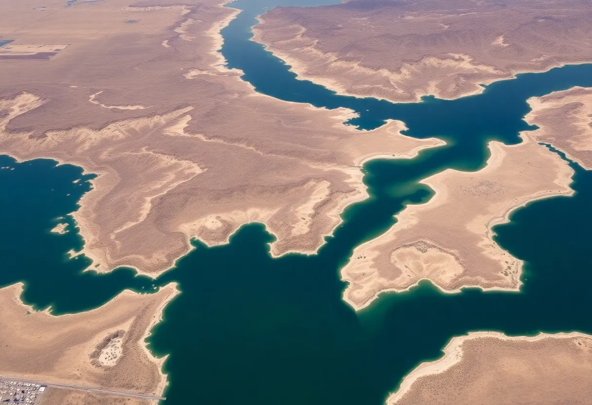 Aerial view of low water levels at Canyon Lake, highlighting drought impacts.