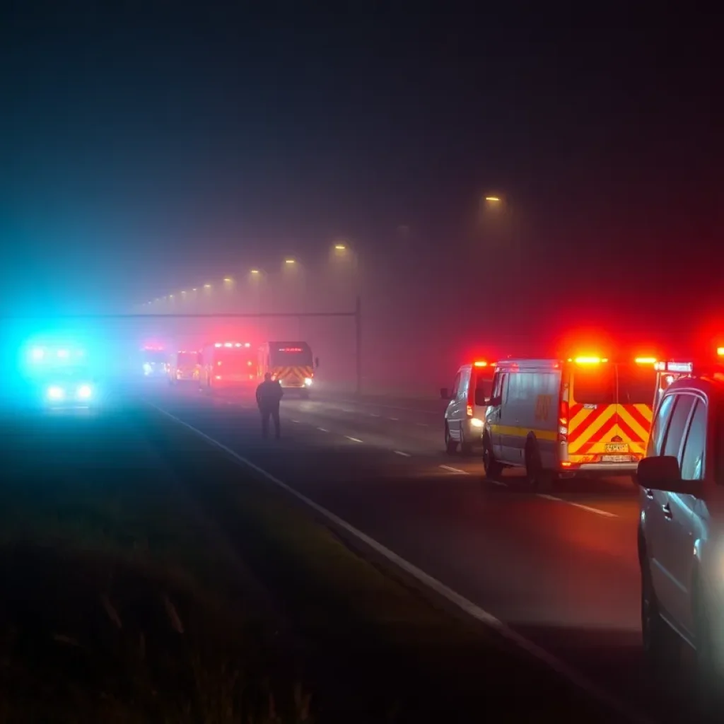 Emergency responders on a foggy highway at night