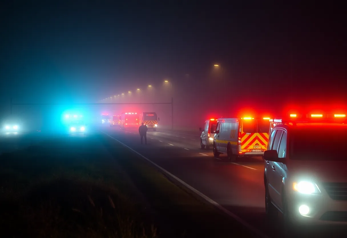 Emergency responders on a foggy highway at night