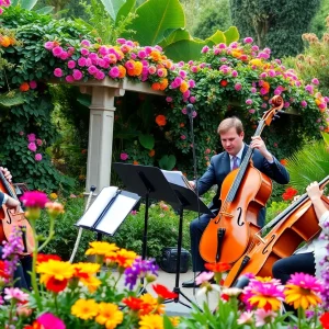 Musicians performing classical music at a botanical garden concert.